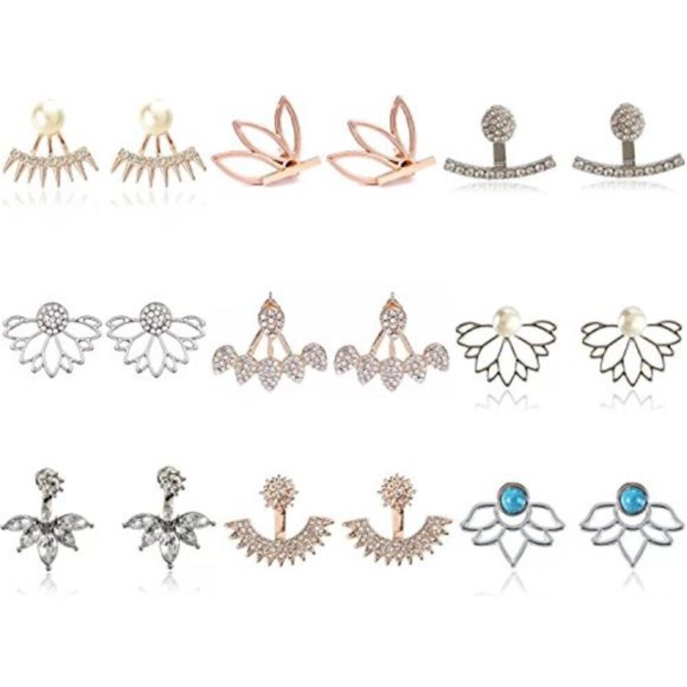 9 Pairs Lotus Flower Earrings Set Rose Gold Silver Crystal Pearl Turquoise Studs